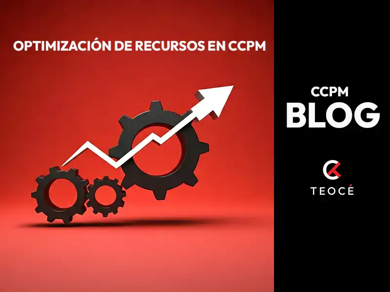 Gráfica ascendente sobre engranajes negros en fondo rojo, representando el aumento de eficiencia mediante la optimización de recursos en CCPM. Imagen del blog de Teocé