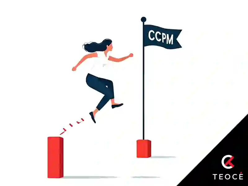 Mujer dando un salto desde un bloque rojo hacia una bandera con la palabra "CCPM", simbolizando el cambio de la gestión por hitos a la gestión por relevos (CCPM). Imagen de TEOCE.