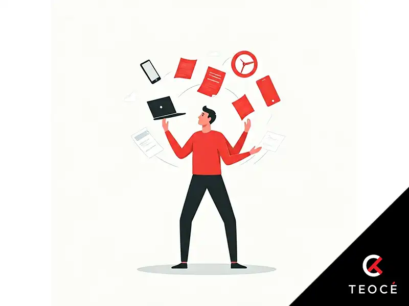 Ilustración de una persona vestida de rojo intentando mantener en el aire múltiples objetos como una laptop, papeles, carpetas, un celular y un volante, simbolizando una sobrecarga de tareas o la dificultad para gestionar múltiples responsabilidades al mismo tiempo. Logotipo de la empresa TEOCÉ en la esquina inferior derecha.