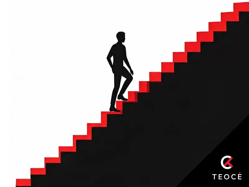 Silueta de una persona subiendo una escalera negra con bordes rojos sobre fondo blanco, simbolizando progreso o superación. En la esquina inferior derecha aparece el logotipo de TEOCÉ.