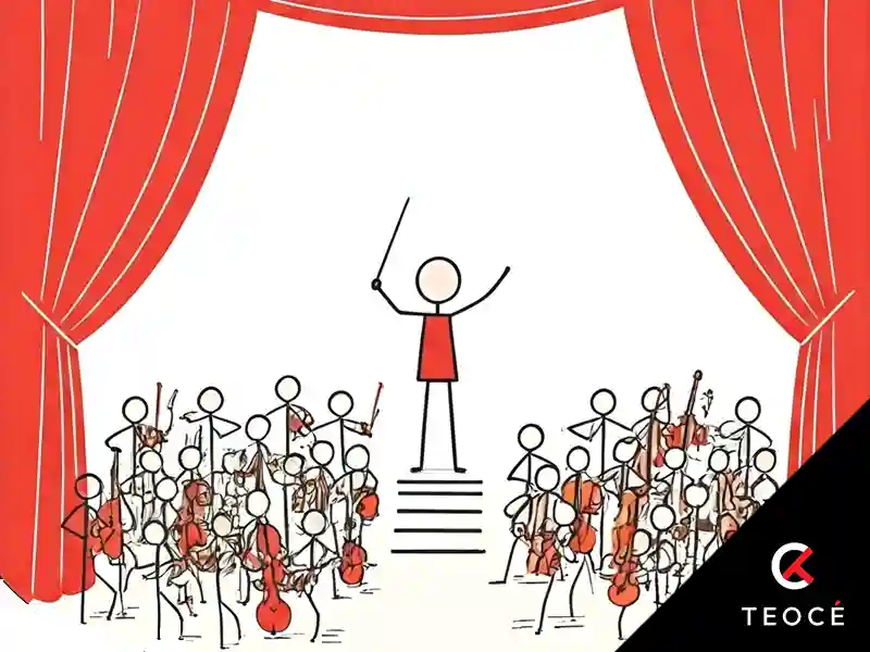Ilustración de una orquesta dirigida por un director en el centro del escenario, simbolizando la coordinación efectiva de múltiples recursos en un entorno multiproyecto. Imagen de Teocé.