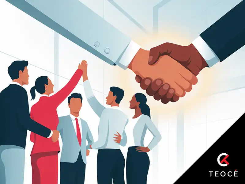 Ilustración de un grupo de personas celebrando con gestos de felicitación, mientras en primer plano dos manos de distinto tono de piel se estrechan en señal de acuerdo o colaboración. La imagen transmite éxito, alianza y trabajo en equipo. Logotipo de la empresa TEOCÉ en la esquina inferior derecha.
