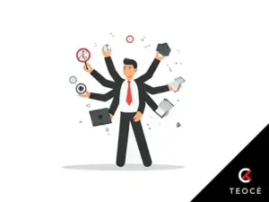 Ilustración de un hombre de negocios con múltiples brazos realizando varias tareas al mismo tiempo, simbolizando la multitarea en el entorno laboral moderno. Lleva traje y corbata roja, rodeado de iconos de productividad como relojes, gráficos y dispositivos tecnológicos. Estilo minimalista con logo de TEOCÉ.