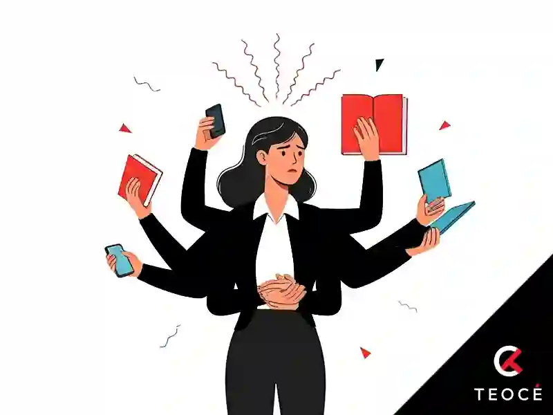 Ilustración de una profesional sobrecargada por multitarea, representando los efectos negativos en la gestión de proyectos. Ideal para ejemplificar cómo la multitarea reduce la eficiencia según la metodología CCPM (Critical Chain Project Management).