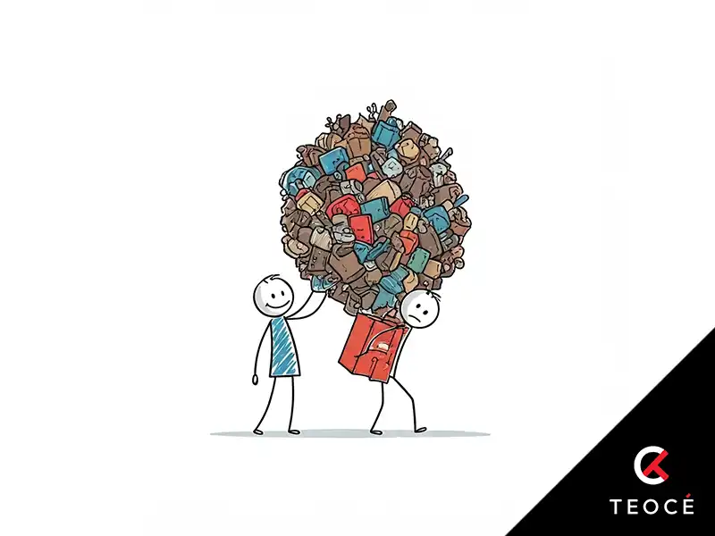 Ilustración de dos figuras humanas. Una figura sonriente con camisa azul toca el hombro de otra figura agobiada con camisa roja, que carga una montaña de objetos desordenados representando trabajo excesivo o acumulación de tareas. La escena refleja la desigual distribución de carga laboral. Logotipo de la empresa TEOCÉ en la esquina inferior derecha.